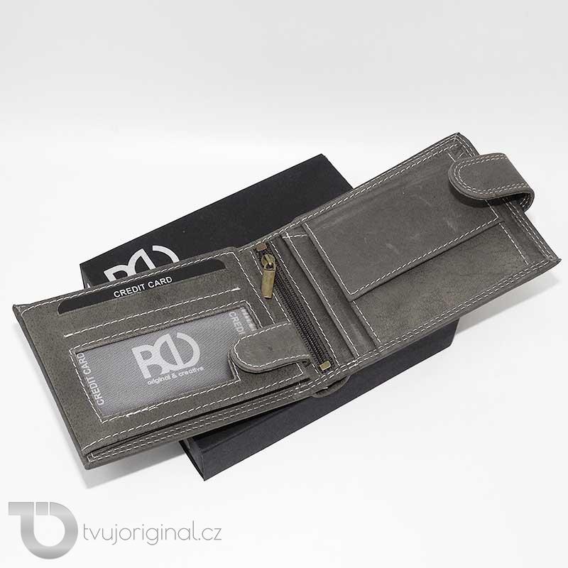 Pánská šedá kožená peněženka BEORIGINAL Leather s monogramem a vlastním textem