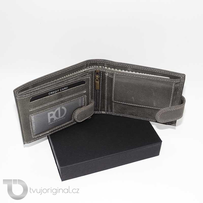 Pánská šedá kožená peněženka BEORIGINAL Leather s monogramem a vlastním textem