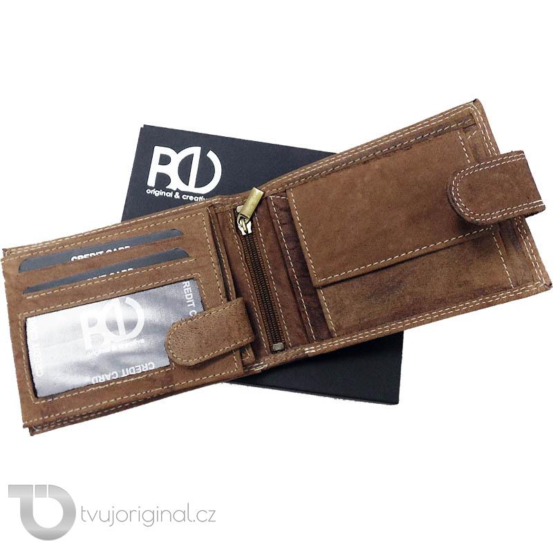 Pánská hnědá kožená peněženka BEORIGINAL Leather s monogramem a vlastním textem