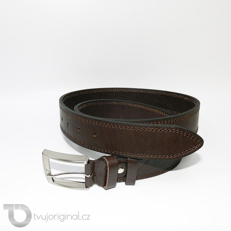 Pánský prošitý hnědý kožený pásek DOUBLE HUNTERS Leather s monogramem (ražba)