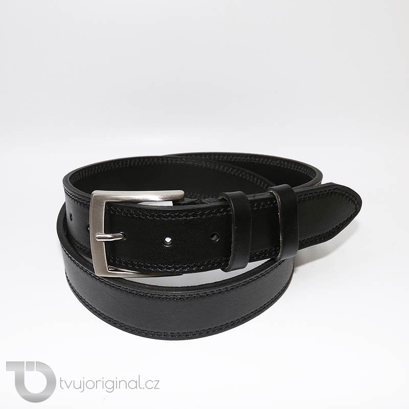 Pánský prošitý černý kožený pásek DOUBLE HUNTERS Leather s monogramem (ražba)
