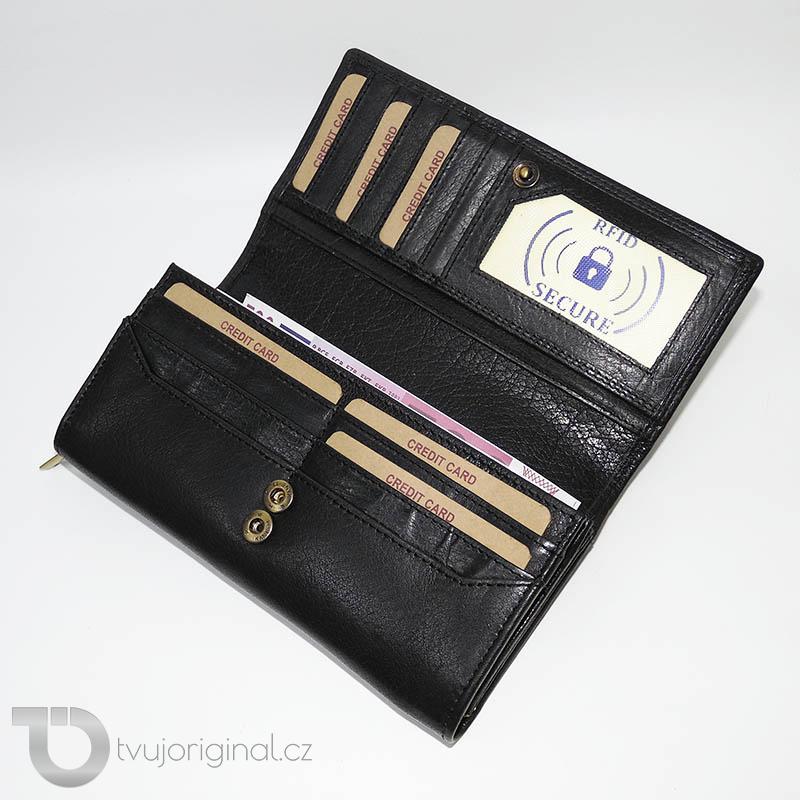 Dámská černá kožená peněženka EXCLUSIVE RFID Premium Leather s monogramem (ražba)