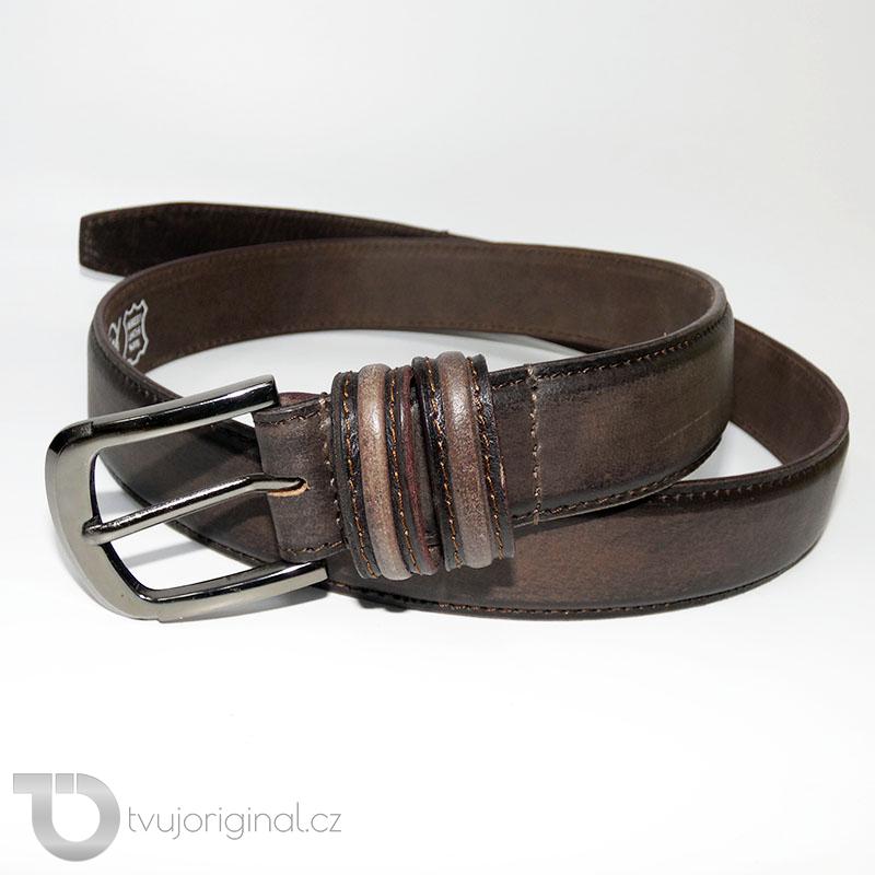 Pánský prošitý tmavě hnědý kožený pásek DEUTSCHLAND Leather s monogramem (ražba)