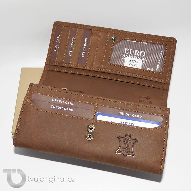 Dámská hnědá kožená peněženka GURU LEATHER s monogramem a vlastním textem