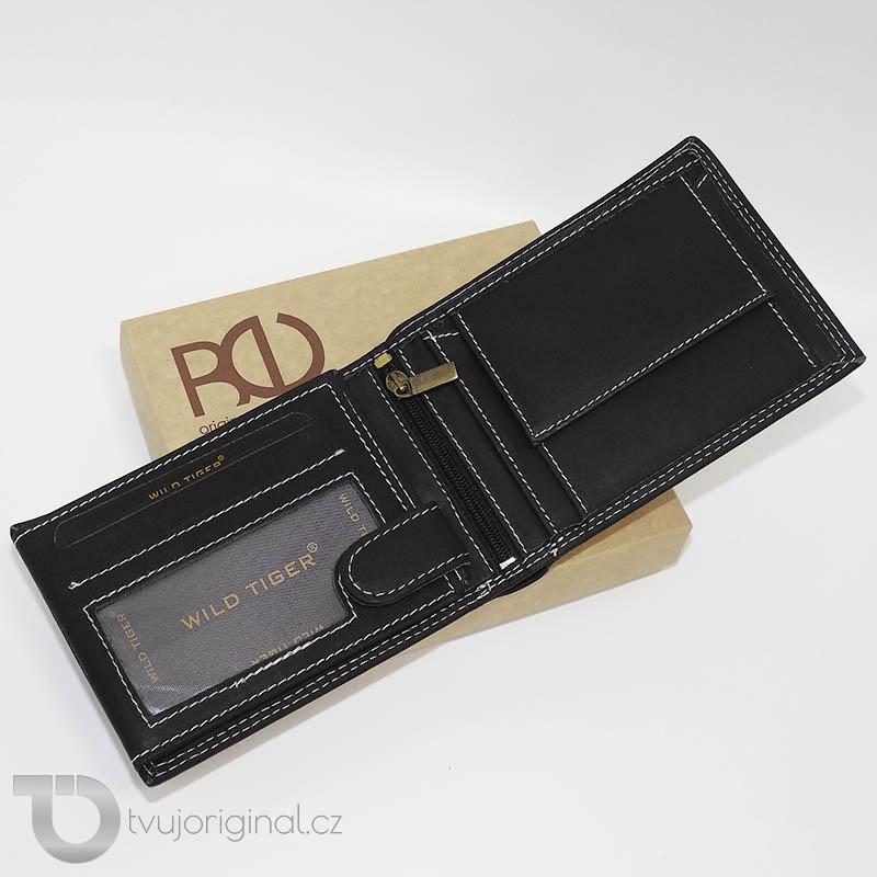 Pánská černá kožená peněženka Tiger Leather s monogramem (ražba)