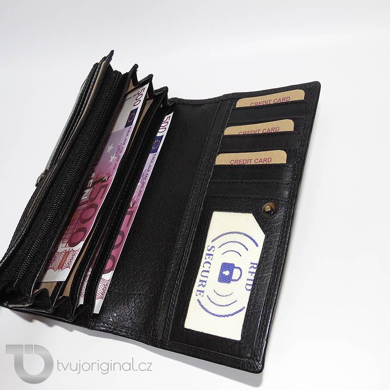 Dámská černá kožená peněženka EXCLUSIVE RFID Premium Leather s monogramem (ražba)