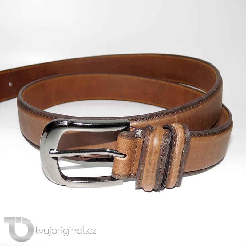 Pánský prošitý hnědý kožený pásek DEUTSCHLAND Leather s monogramem (ražba)
