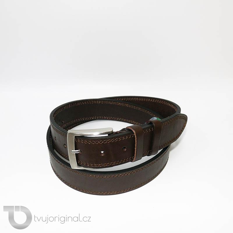 Pánský prošitý hnědý kožený pásek DOUBLE HUNTERS Leather s monogramem (ražba)