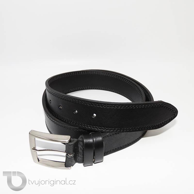 Pánský prošitý černý kožený pásek DOUBLE HUNTERS Leather s monogramem (ražba)